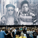 An image of Beyonce and Jay-Z is projected before they appear to perform on stage during the ‘On the Run II’ Tour at Hampden Park on June 9, 2018 in Glasgow, Scotland.